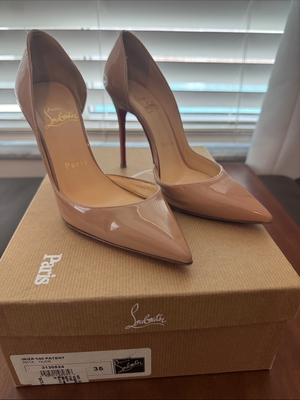 Christian Louboutin Iriza 100 Nude Patent D’orsay Pointed-Toe Stilettos
